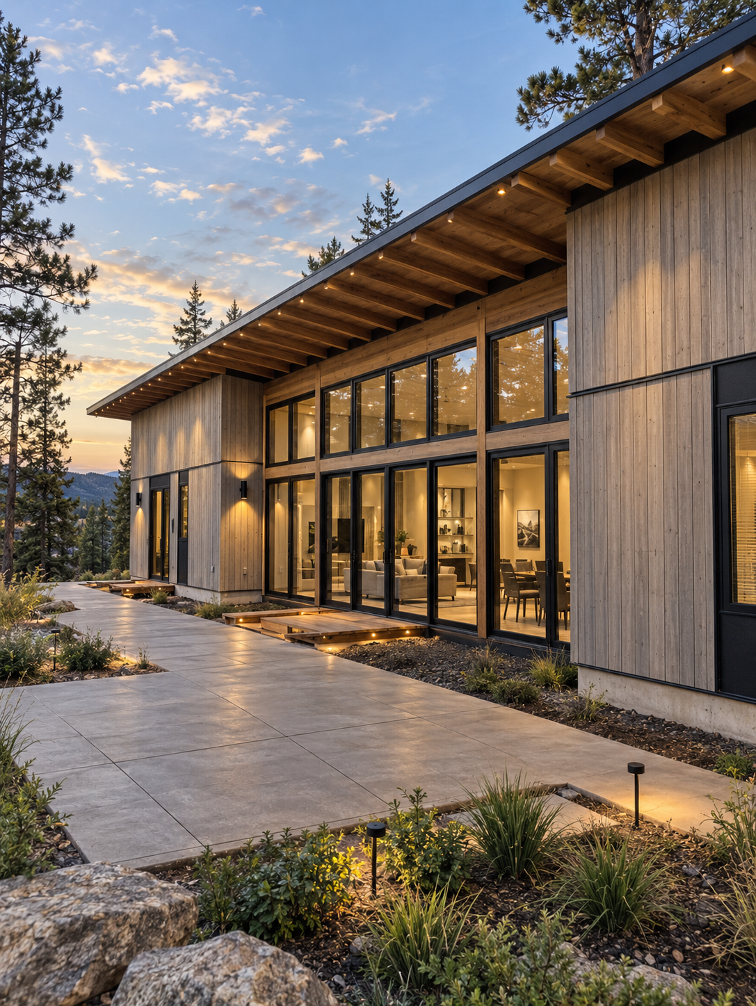 Modern custom home with cedar siding, floating shed roof and floor to ceiling glass