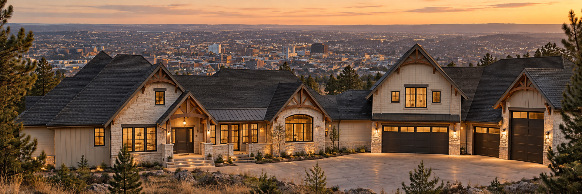 Custom craftsman home at dusk with stone and timber gables overlooking the city lights