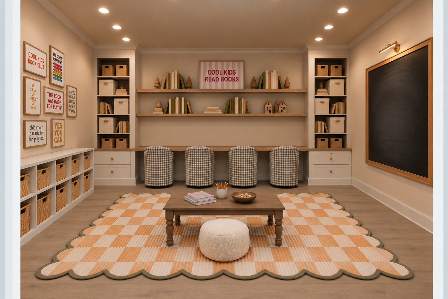Playroom with built in bookcases, art table with stools and a chalkboard wall