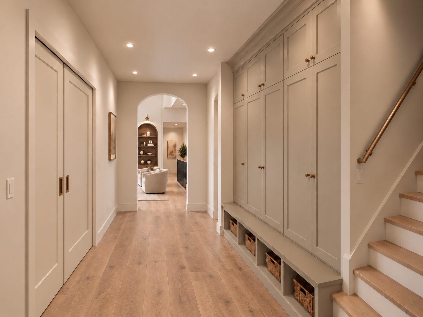 Mudroom hall with built in lockers and an arched opening