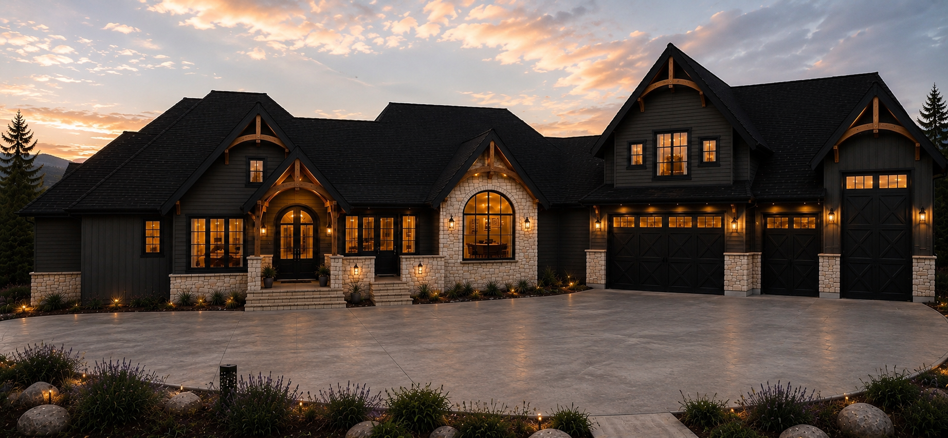 Custom home at dusk with stone columns, timber trusses and warm exterior lighting