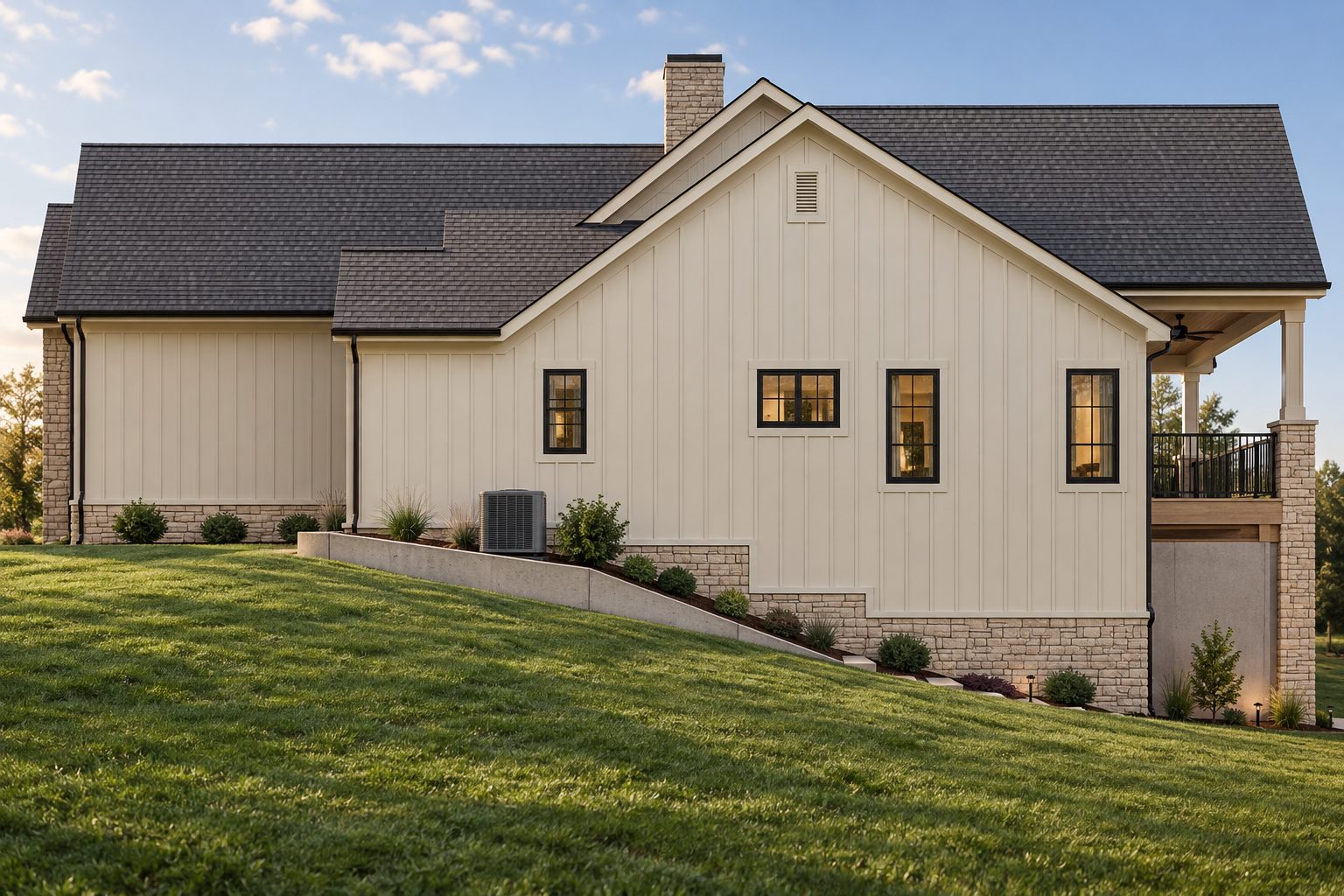 Side elevation with stone base, board and batten siding and covered deck
