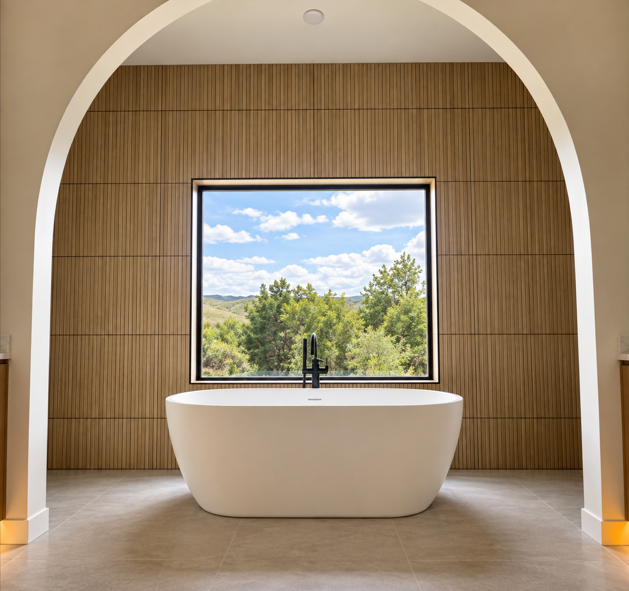 Freestanding tub under an arched opening with a window to the Black Hills