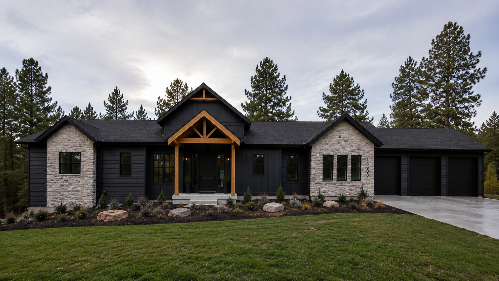Black ranch-style custom home with stone and timber entry by Newhouse Builds