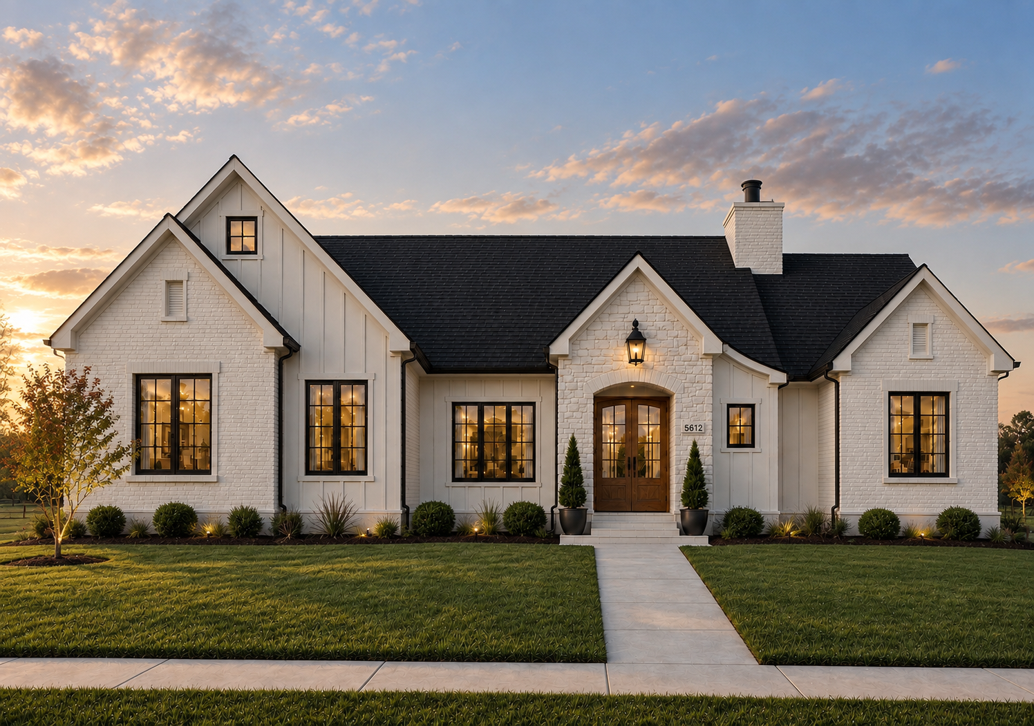 Front exterior of the Highpoint Ranch home at sunset with white brick, stone arched entry, wood double doors and black roof