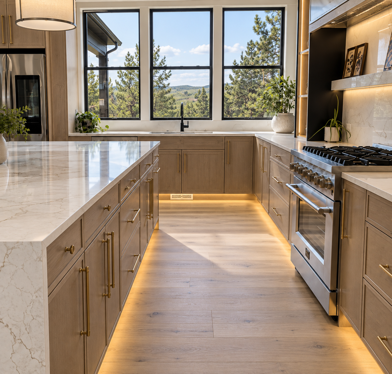 Kitchen with light oak cabinetry, brass hardware and marble countertops