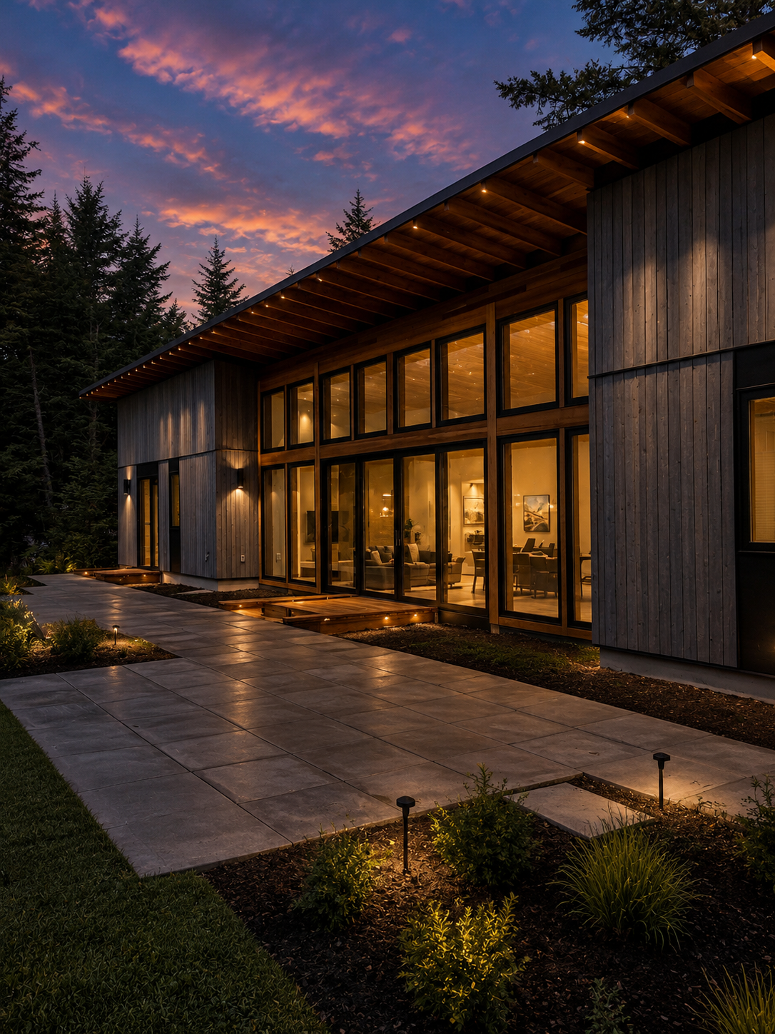 Modern custom home with cedar siding, floating shed roof and floor-to-ceiling glass