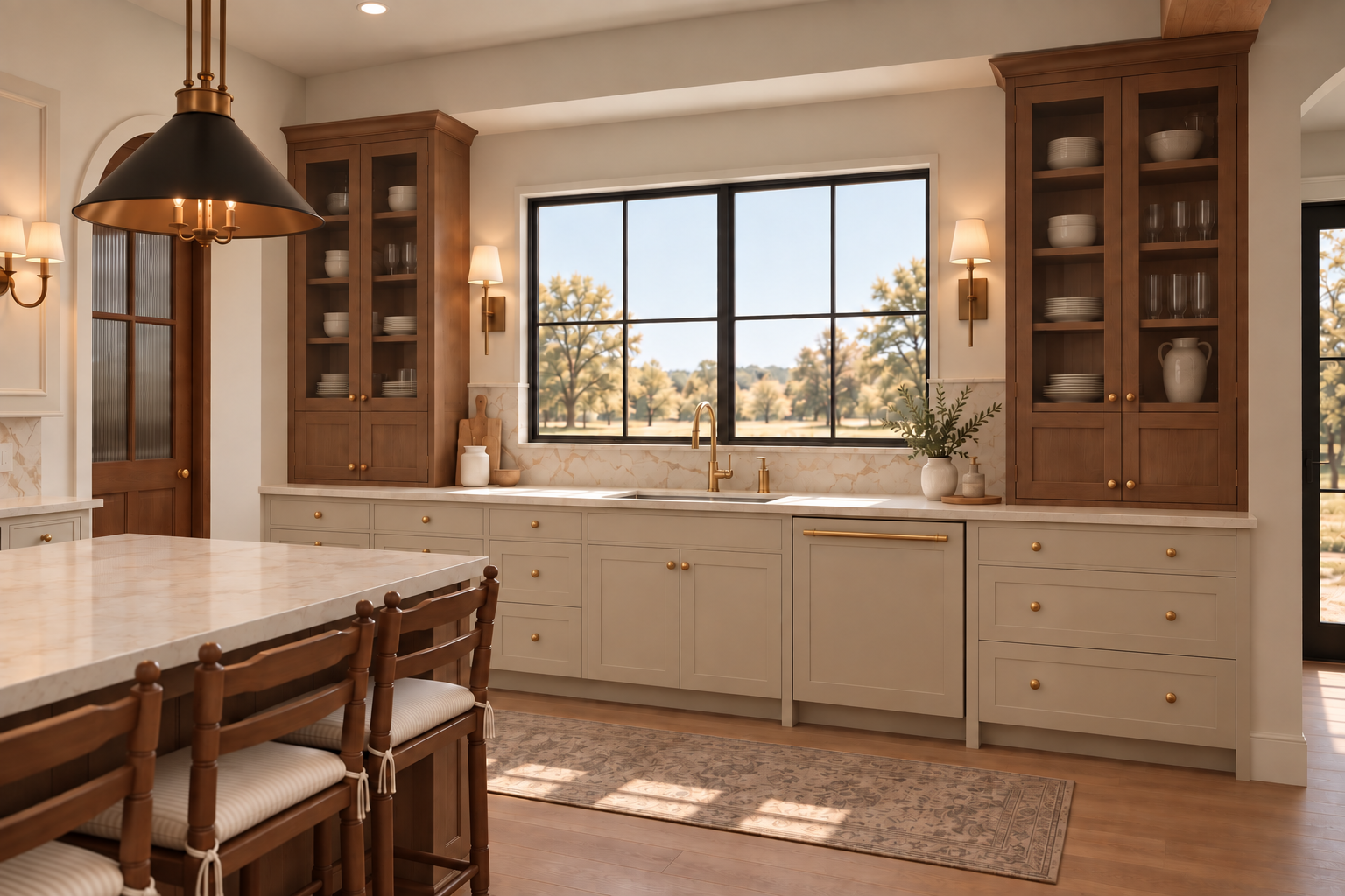 Warm wood upper cabinets with glass doors flanking a cream range wall under a black framed window with brass fixtures