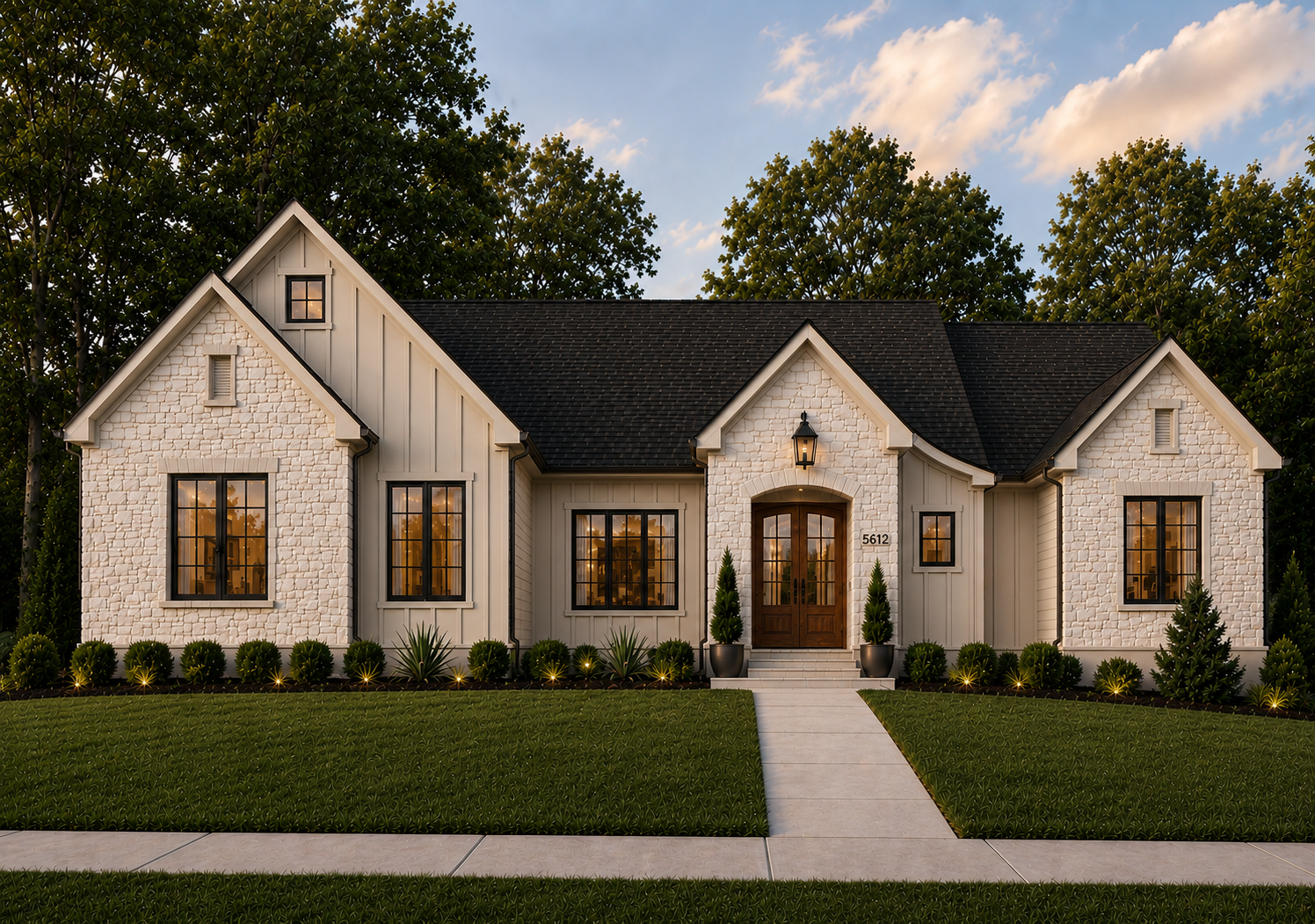 Custom home front elevation rendering by Newhouse Builds