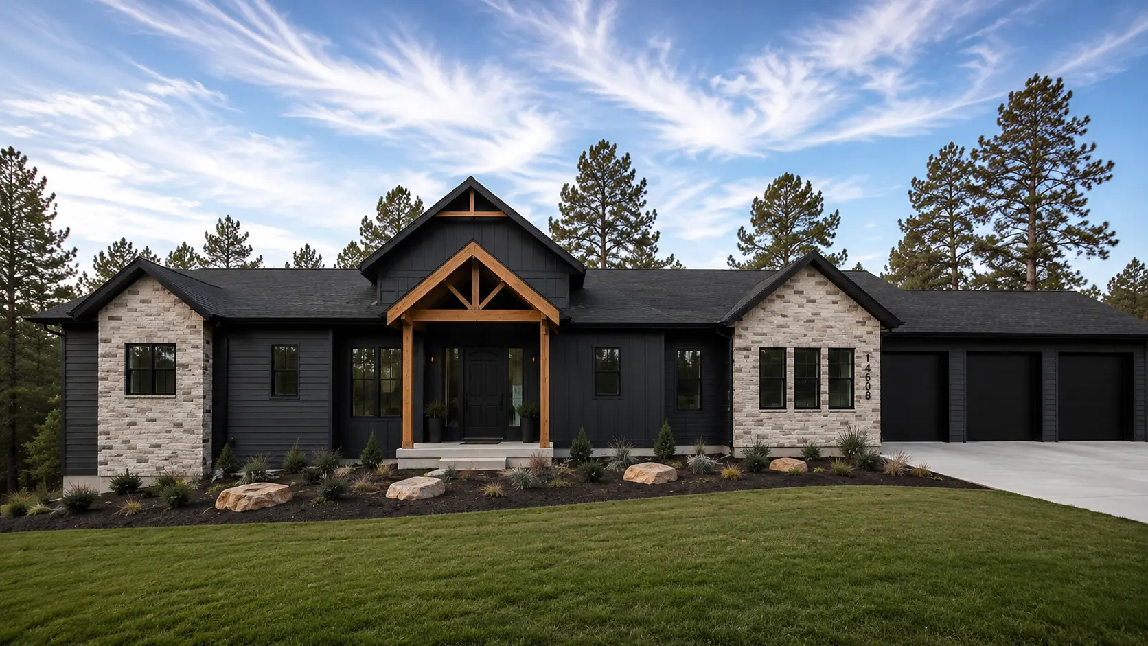 Front exterior of 8233 Red Deer Road with dark siding, stone gables and timber entry